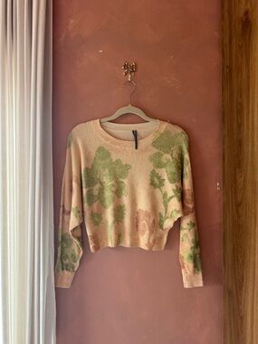 Anthropologie Floral Knit Crewneck Sweater - Peach & Green